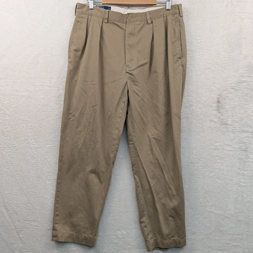VTG Polo Ralph Lauren Andrew Pants Mens 37x30 Tan Straight Leg Pleated Chino 90s